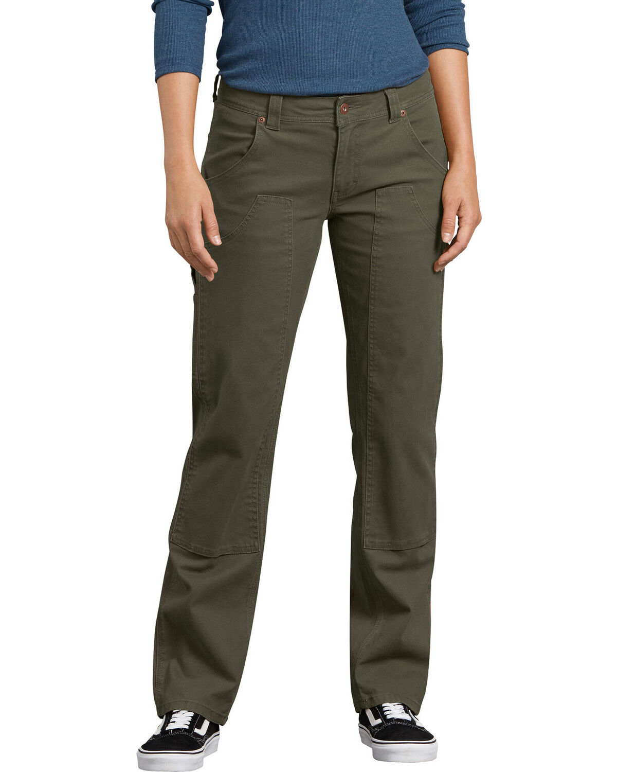 Image #1 - Dickies Women's Solid Stretch Double Front Duck Carpenter Pants, Moss Green, hi-res
