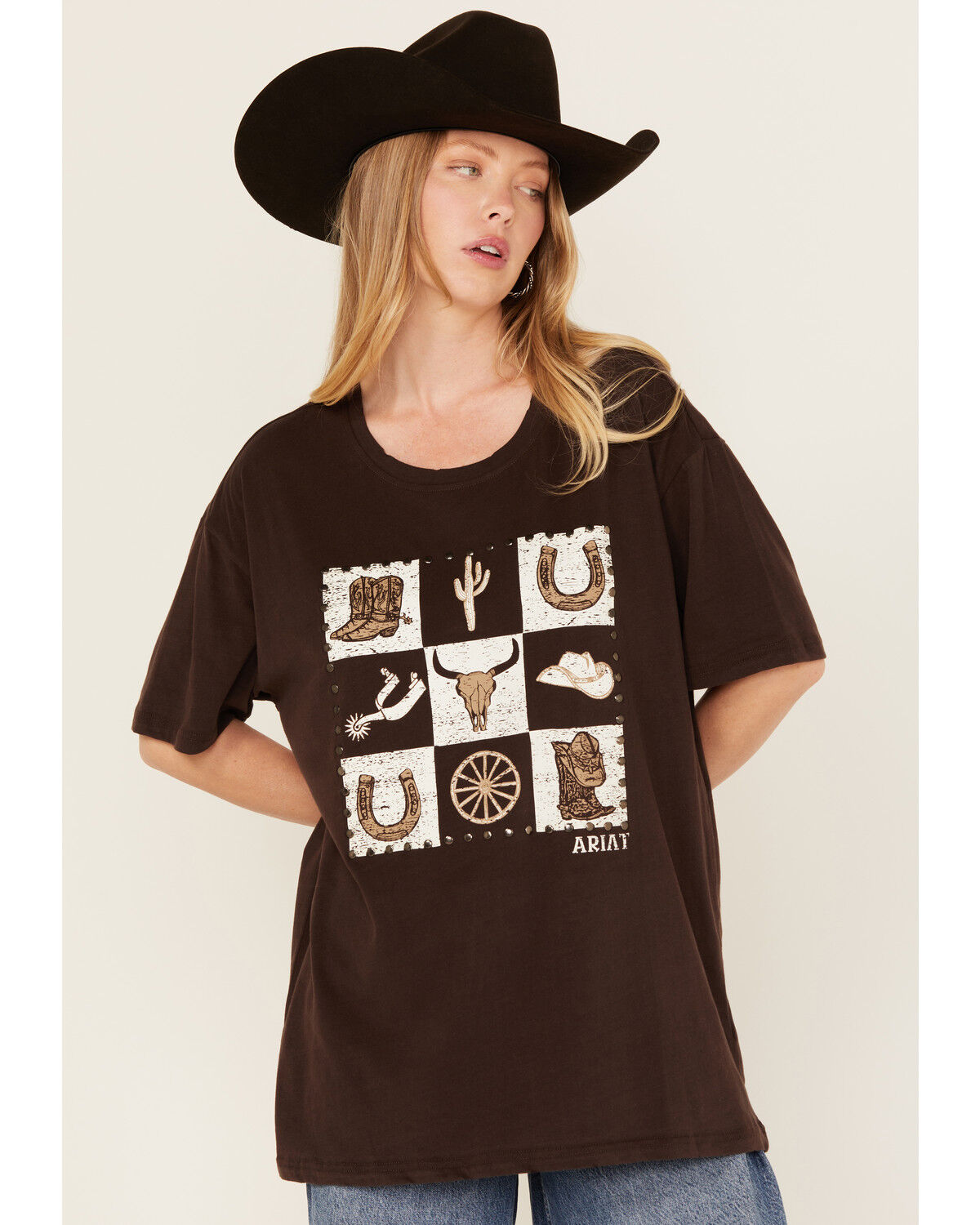 Image #1 - Ariat Women's Checkered Boyfriend Fit Short Sleeve Graphic Tee, Brown, hi-res