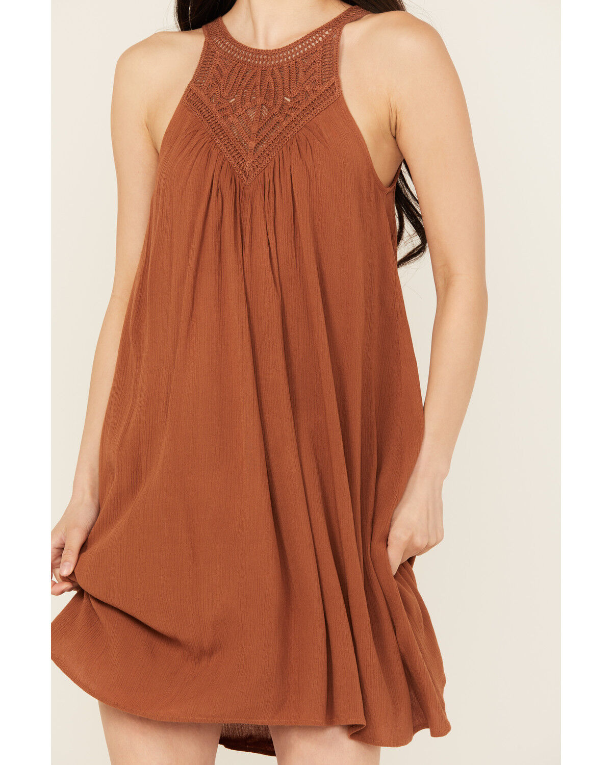 Image #3 - Shyanne Women's Crochet Yoke Crinkle Mini Dress, Caramel, hi-res