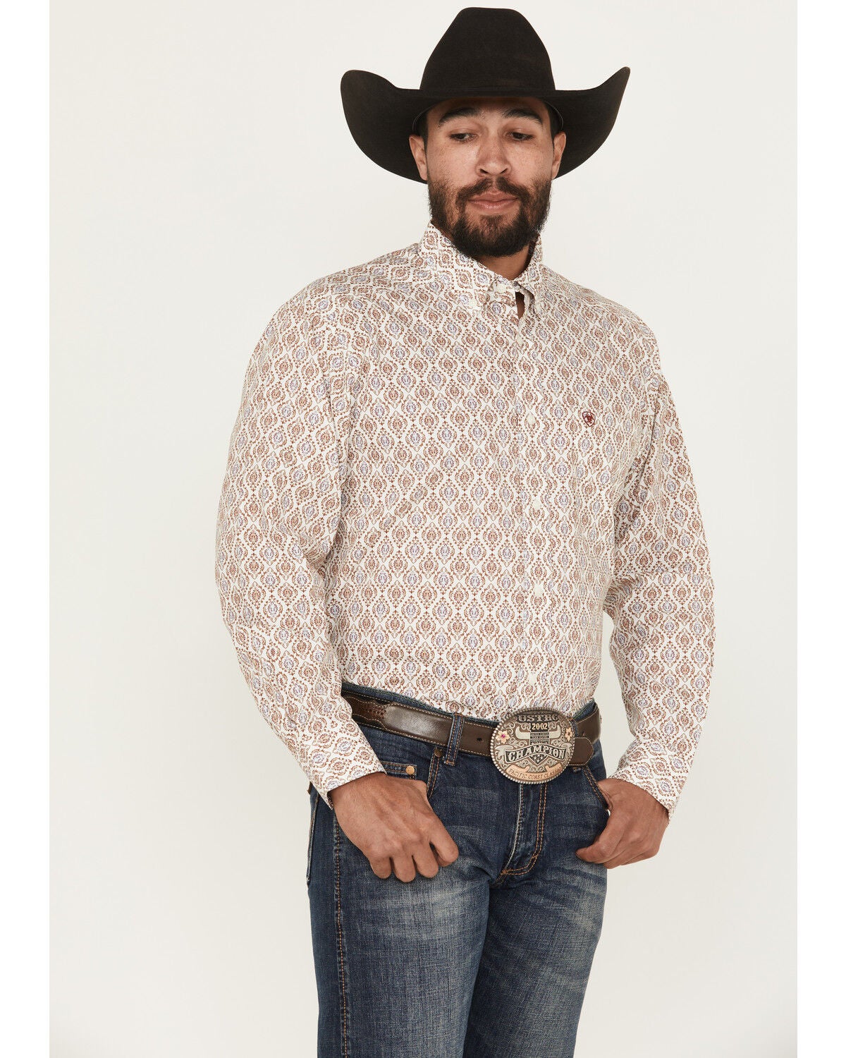 Ariat Men's Greely Medallion Print Long Sleeve Button-Down Western Shirt, Off White, hi-res