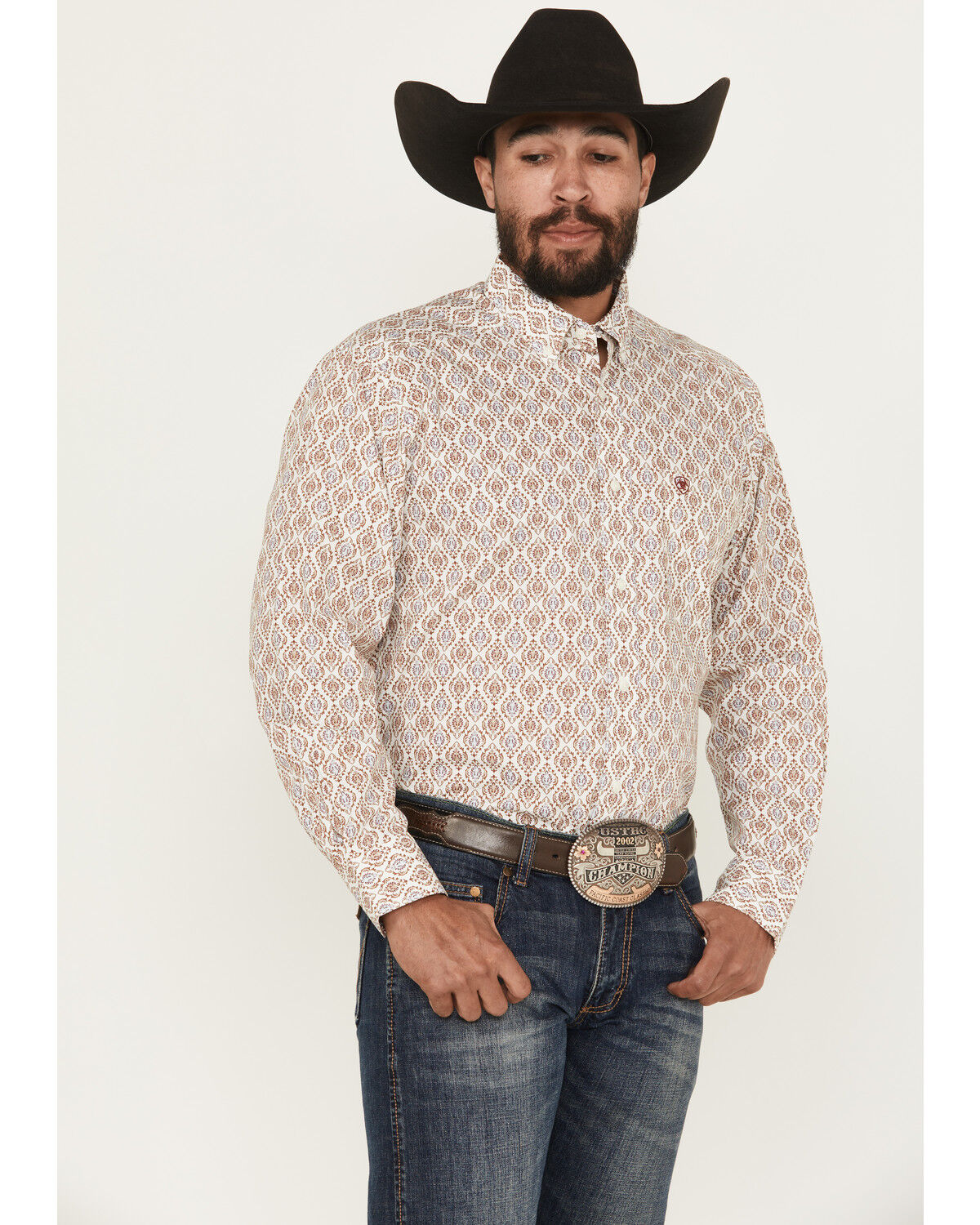 Image #1 - Ariat Men's Greely Medallion Print Long Sleeve Button-Down Western Shirt, Off White, hi-res