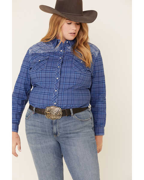 Rough Stock by Panhandle Women's Carrigan Classic Plaid Long Sleeve Western Shirt - Plus, Blue, hi-res