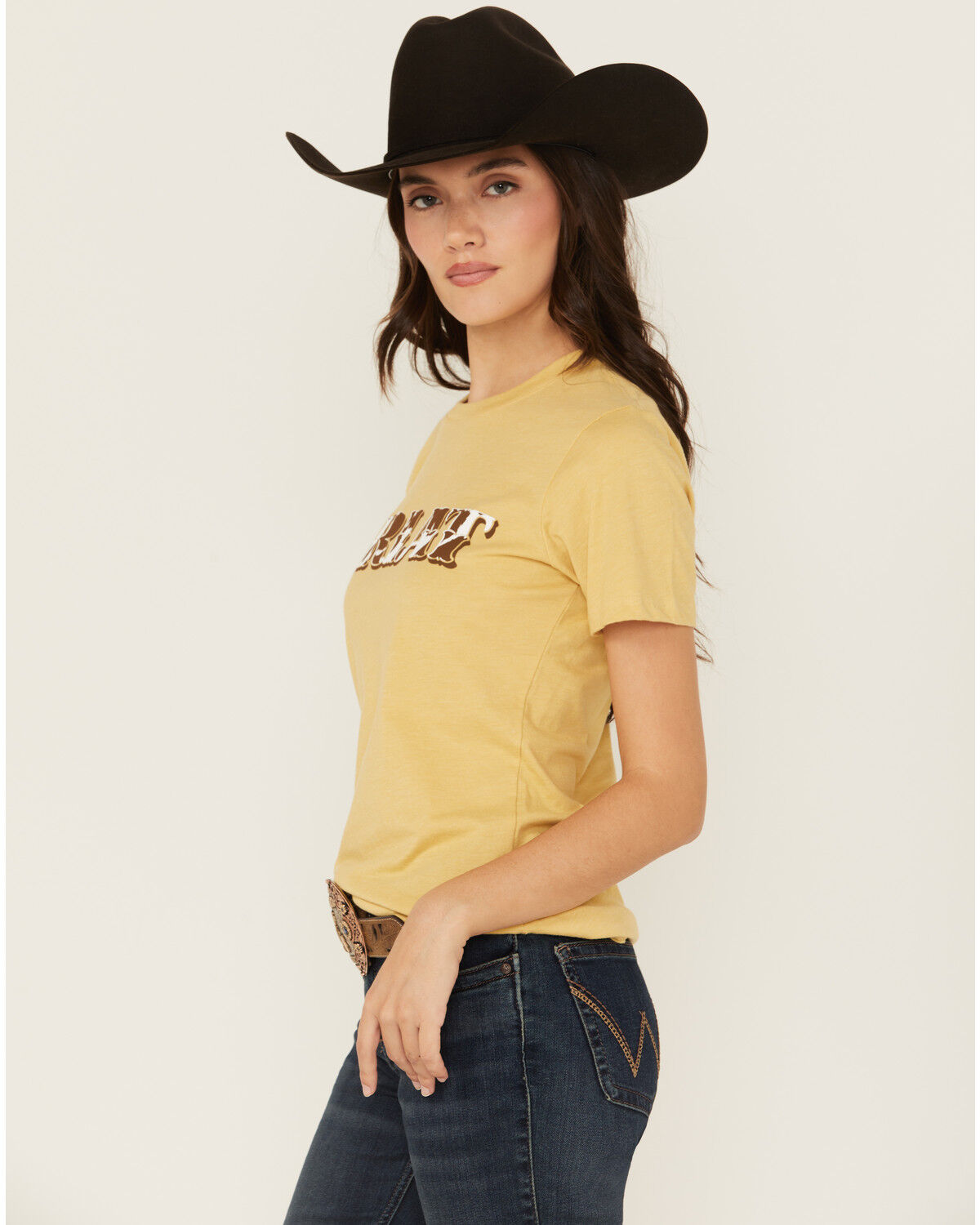 Image #2 - Ariat Women's Boot Barn Exclusive Cow Print Logo Short Sleeve Graphic Tee, Mustard, hi-res