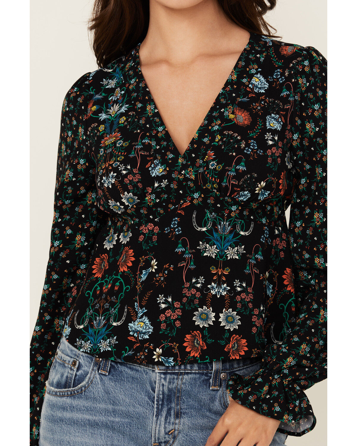 Image #3 - Rock & Roll Denim Women's Floral Print Long Sleeve Shirt, Black, hi-res