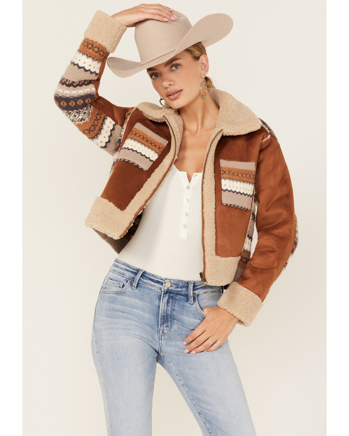 Image #2 - Cleo + Wolf Women's Cameron Southwestern Print Sweater Back Faux Suede Sherpa Lined Zip-Up Jacket, Caramel, hi-res