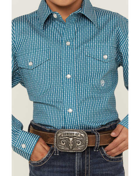 Image #3 - Roper Boys' Geo Stripe Print Long Sleeve Pearl Snap Stretch Western Shirt, Sage, hi-res