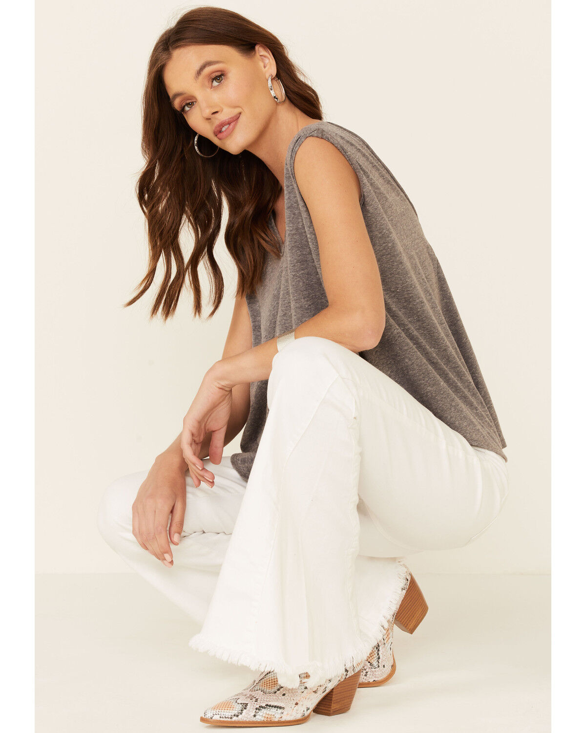 Image #1 - Tres Aves Women's Solid Gray Oversized Double V-Neck Short Sleeve Top, Grey, hi-res