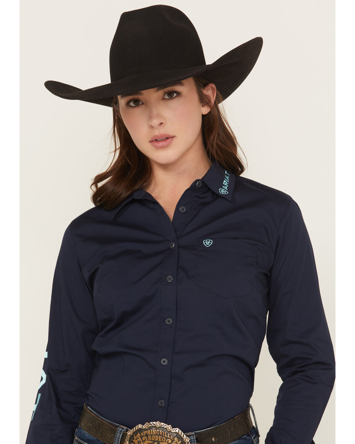 Image #1 - Ariat Women's Team Kirby Solid Long Sleeve Button-Down Stretch Western Shirt, Navy, hi-res