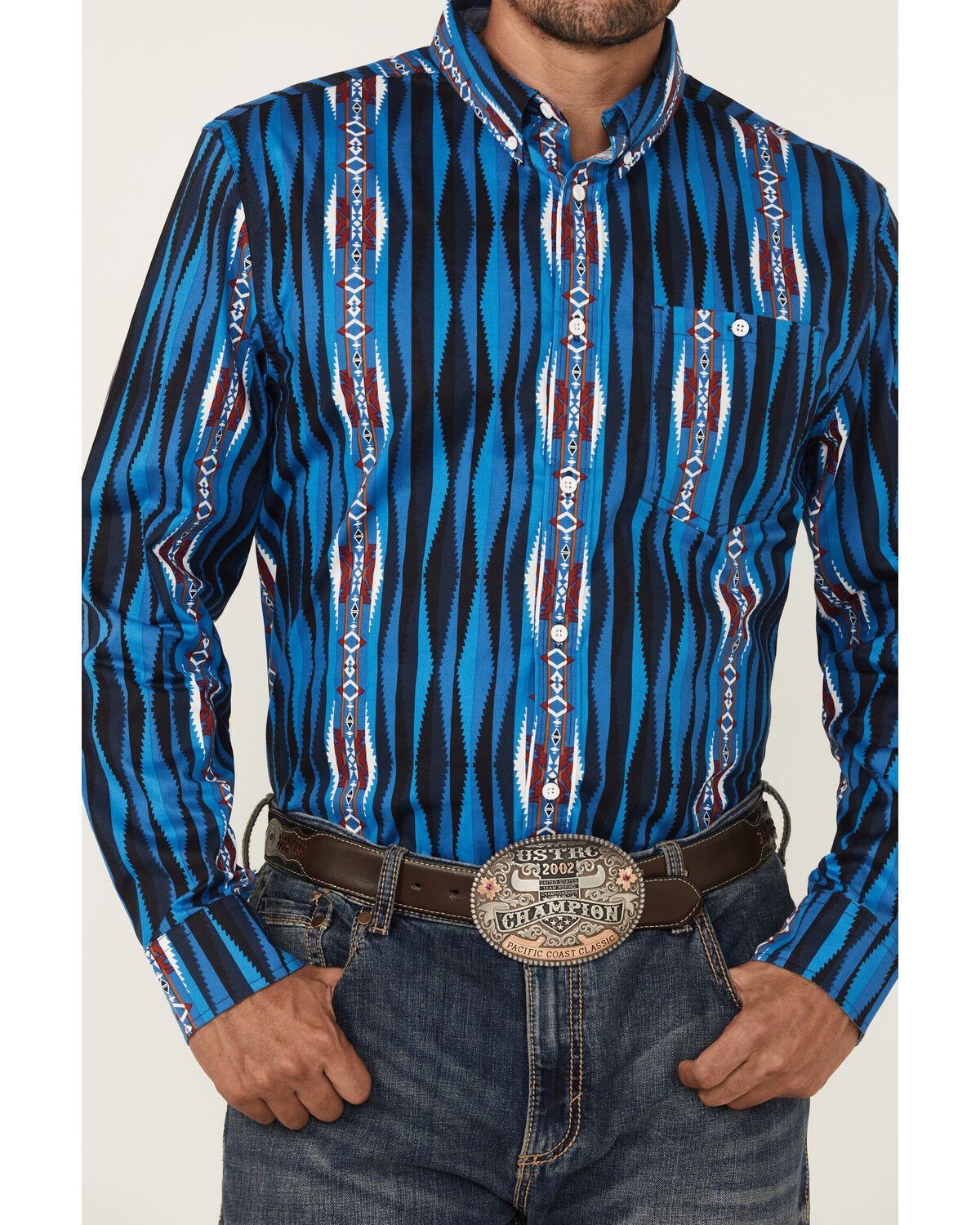 Image #3 - RANK 45® Men's Wooden Southwestern Striped Print Long Sleeve Button-Down Stretch Western Shirt, Blue, hi-res