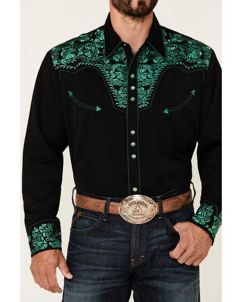 Image #3 - Scully Men's Embroidered Gunfighter Long Sleeve Pearl Snap Western Shirt , Black, hi-res