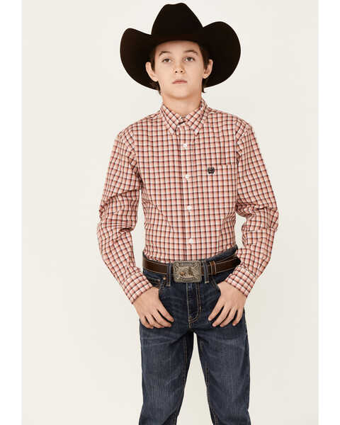 Cinch Boys' Plaid Print Long Sleeve Button Down Western Shirt , Pink, hi-res