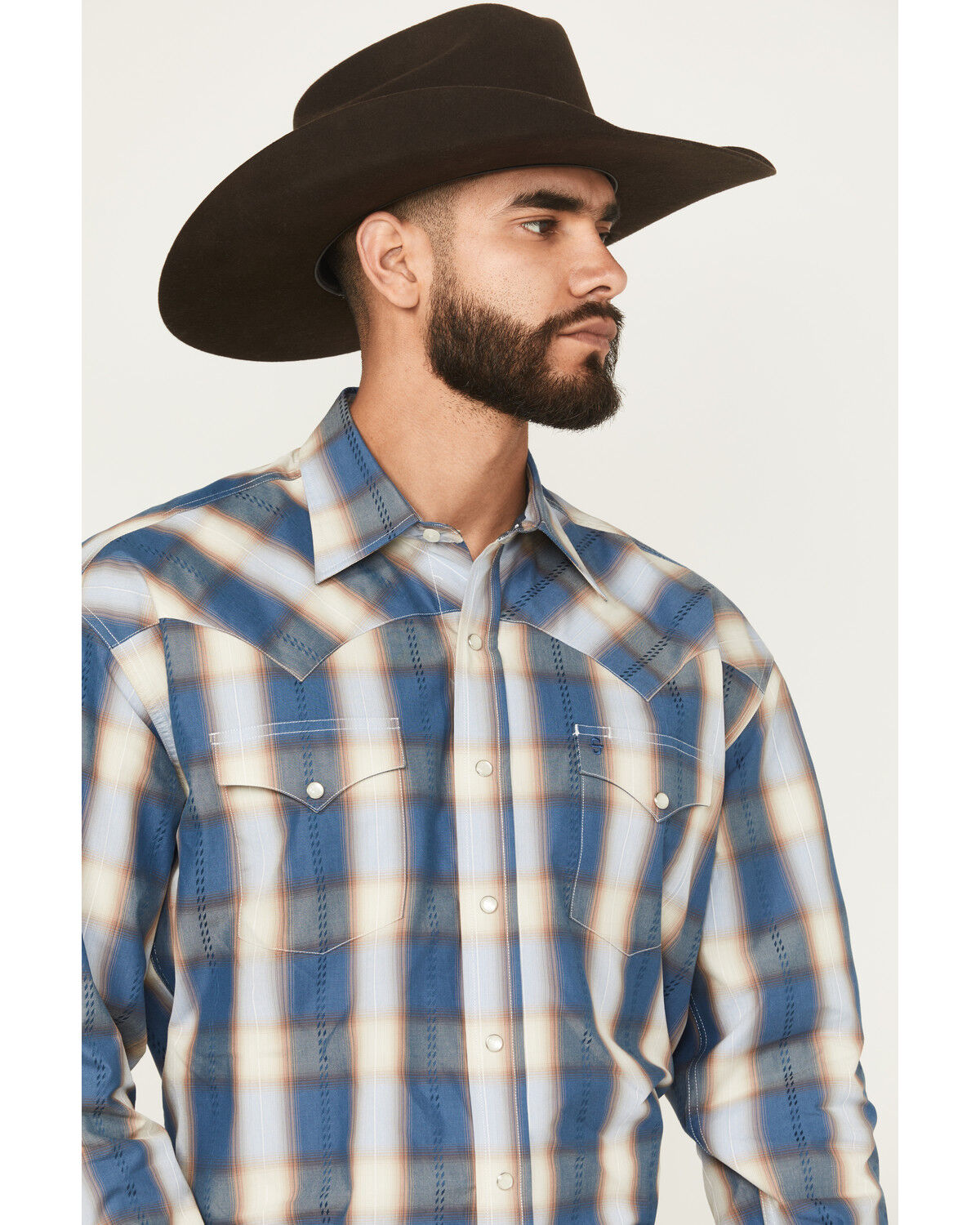 Image #2 - Stetson Men's Dobby Plaid Print Long Sleeve Western Shirt, Blue, hi-res