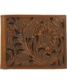 Ariat Men's Floral Embossed Bi-Fold Wallet, Brown, hi-res