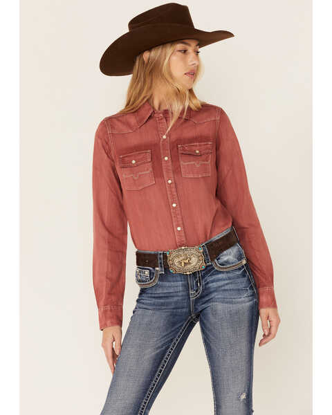 Kimes Ranch Women's Kaycee Denim Long Sleeve Pearl Snap Western Core Shirt , Red, hi-res