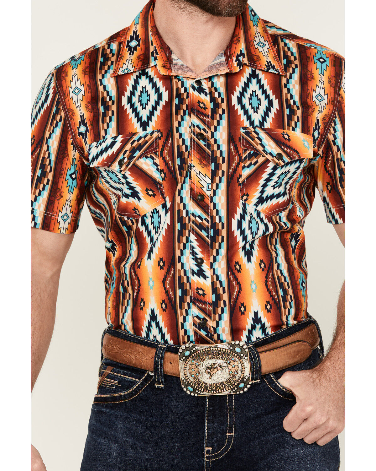 Image #3 - Rock & Roll Denim Men's Southwestern Print Short Sleeve Snap Stretch Western Shirt, Orange, hi-res