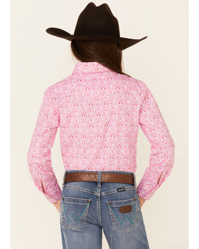 Panhandle Girls' Pink Teepee Print Long Sleeve Western Shirt , Pink, hi-res