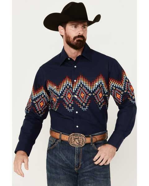 Panhandle Men's Southwestern Border Print Long Sleeve Pearl Snap Western Shirt , Navy, hi-res