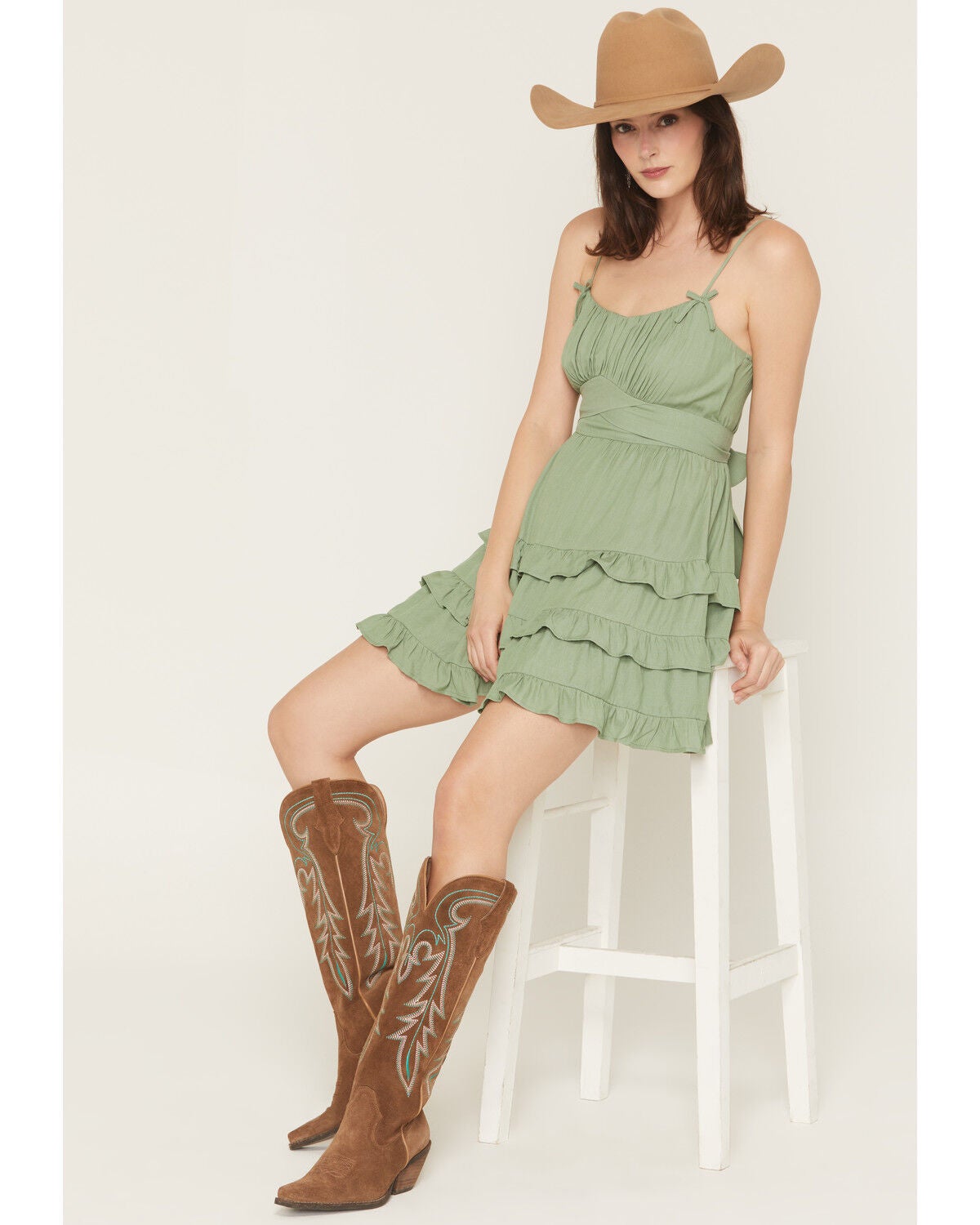 Ash & Violet Women's Sleeveless Tiered Ruffle Mini Dress, Sage, hi-res
