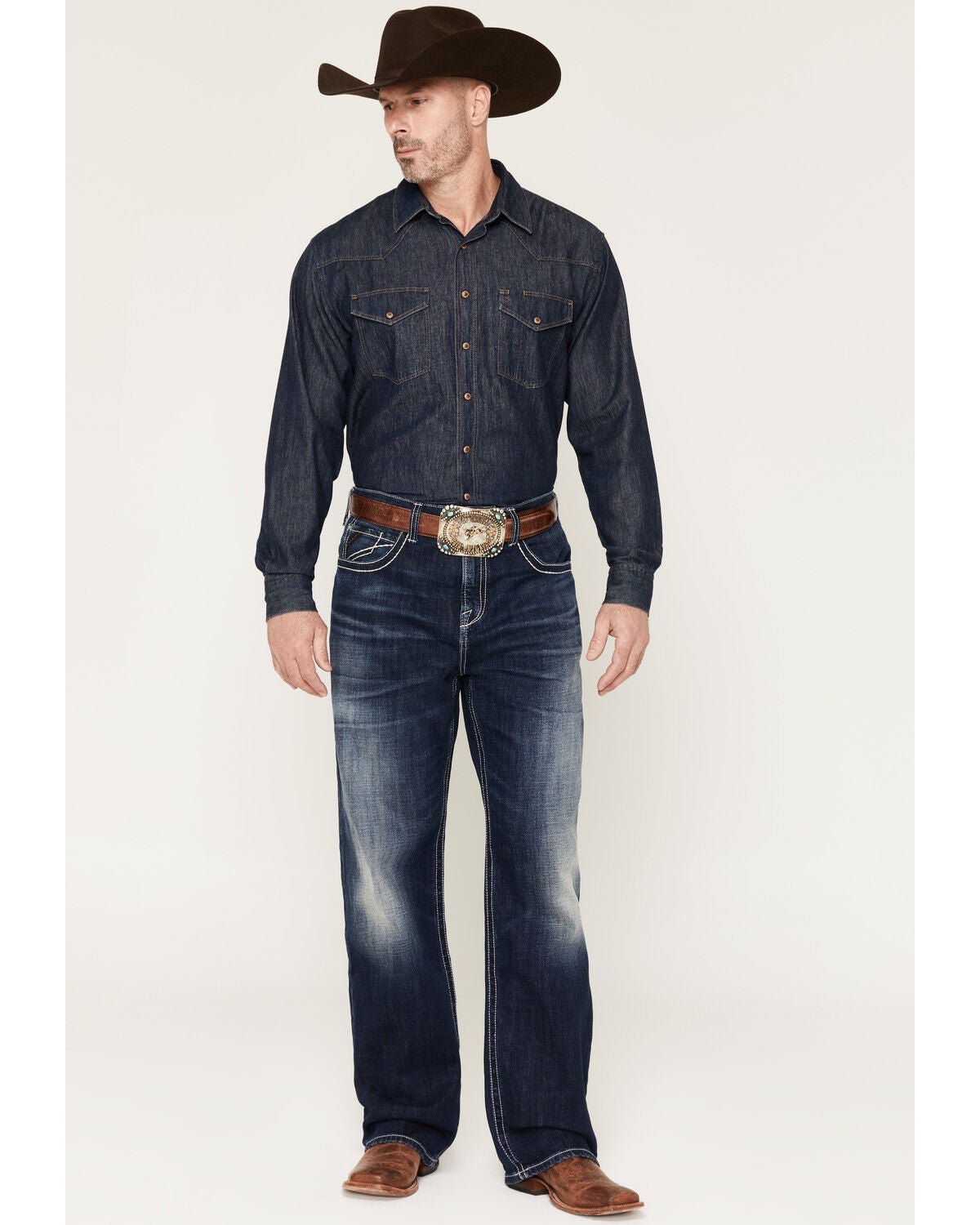 Ariat Men's Hugo Hansen Dark Wash Baggy Straight Stretch Denim Jeans, Dark Wash, hi-res