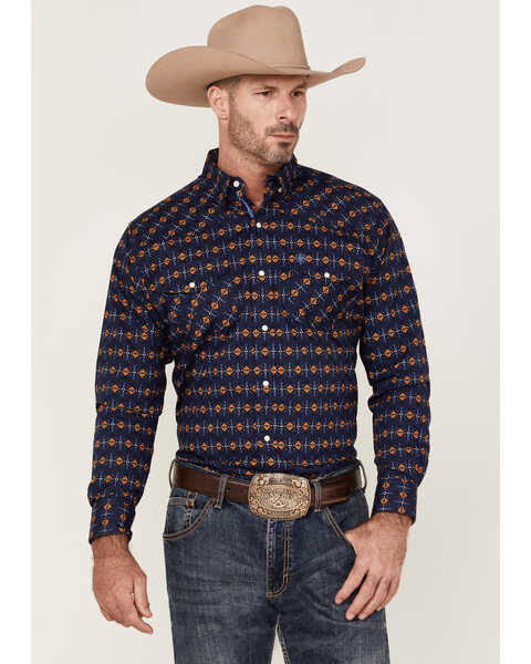 Ariat Men's Relentless Steeled Southwestern Geo Print Long Sleeve Snap Western Shirt , Navy, hi-res