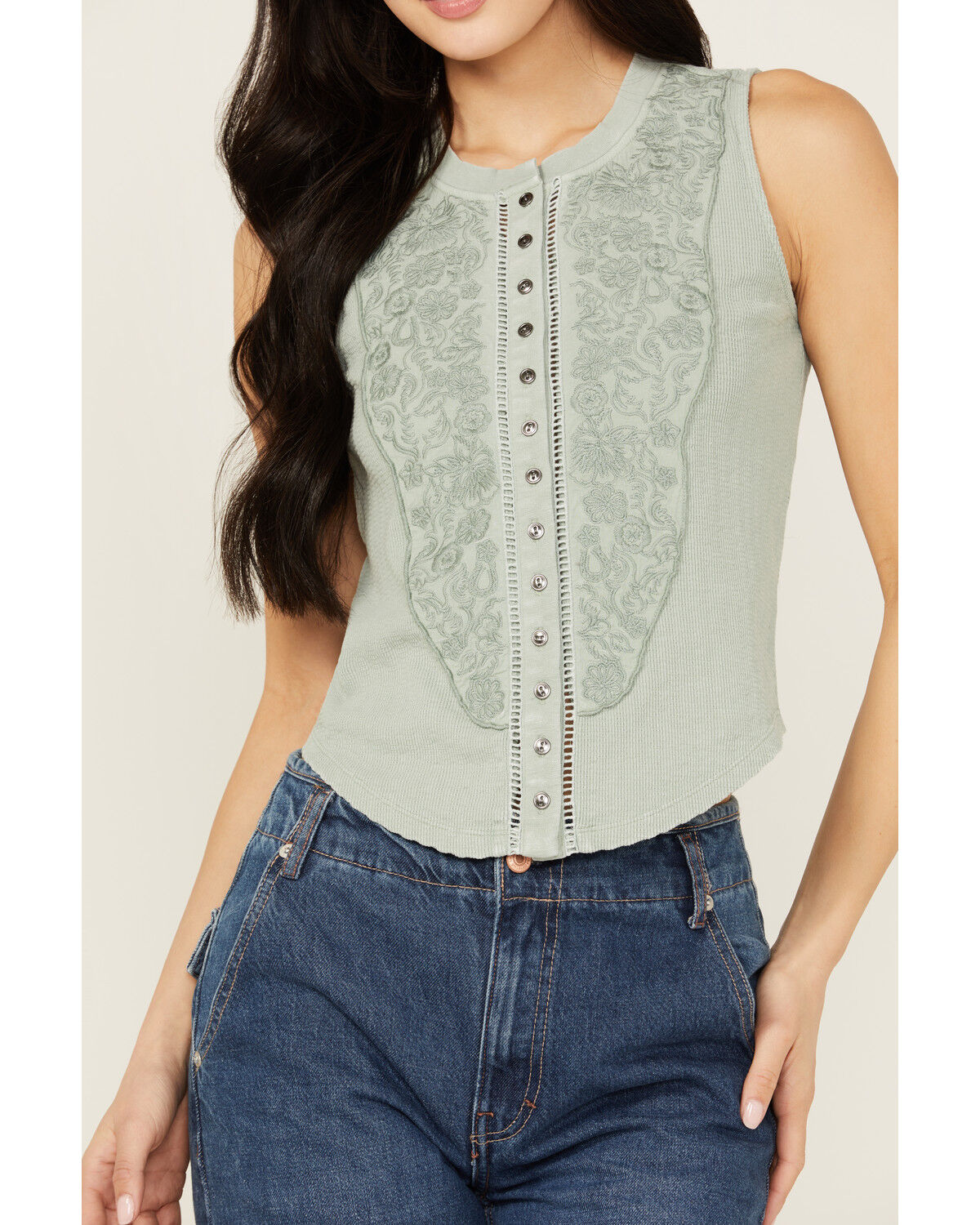 Image #3 - Rock & Roll Denim Women's Sleeveless Embroidered Tank Top, Jade, hi-res