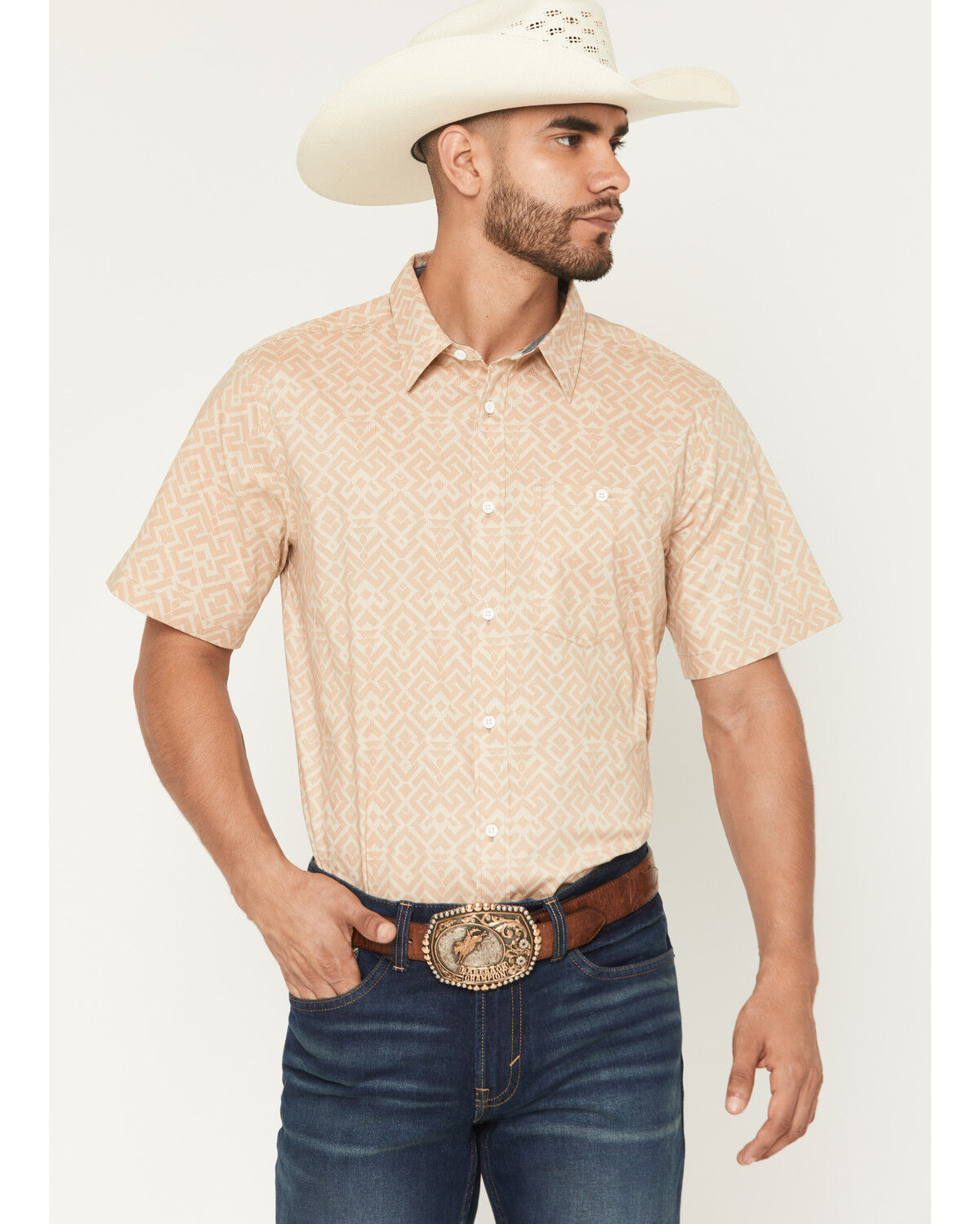 Image #1 - RANK 45® Men's Mustang 2 Geo Print Short Sleeve Button-Down Stretch Western Shirt, Tan, hi-res