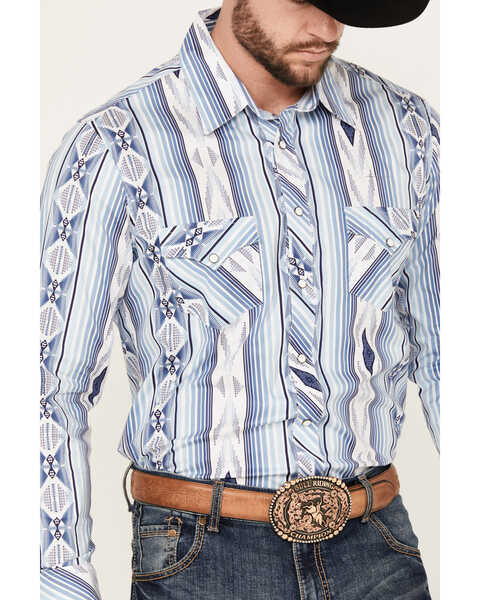 Image #2 - Rock & Roll Denim Men's Southwestern Print Striped Stretch Long Sleeve Snap Western Shirt, Blue, hi-res