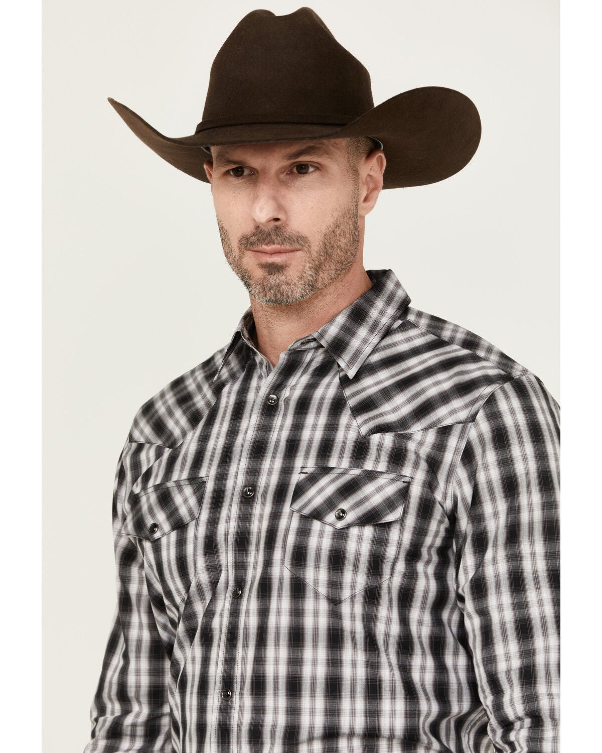 Image #2 - Gibson Men's Black Smoke Plaid Print Long Sleeve Snap Western Shirt, Black, hi-res