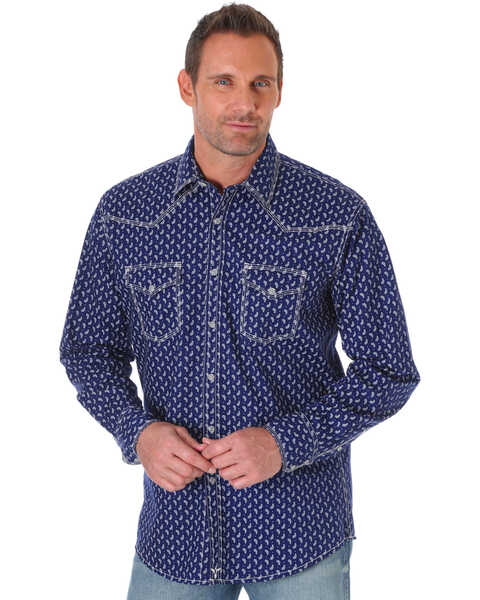 Wrangler 20X Men's Navy Advanced Comfort Geo Print Long Sleeve Western Shirt , Navy, hi-res
