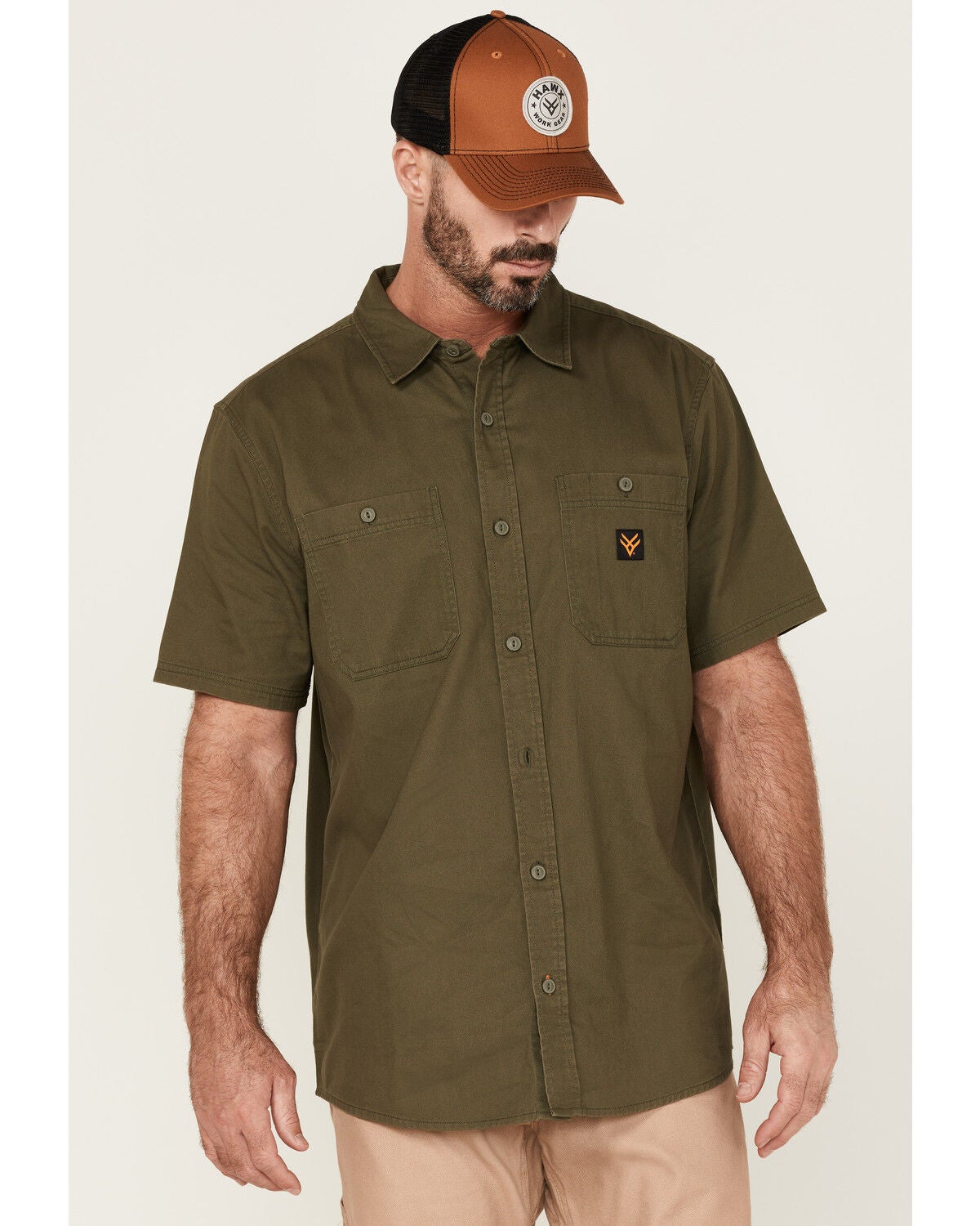 Hawx Men's Solid Twill Short Sleeve Button-Down Work Shirt, Olive, hi-res