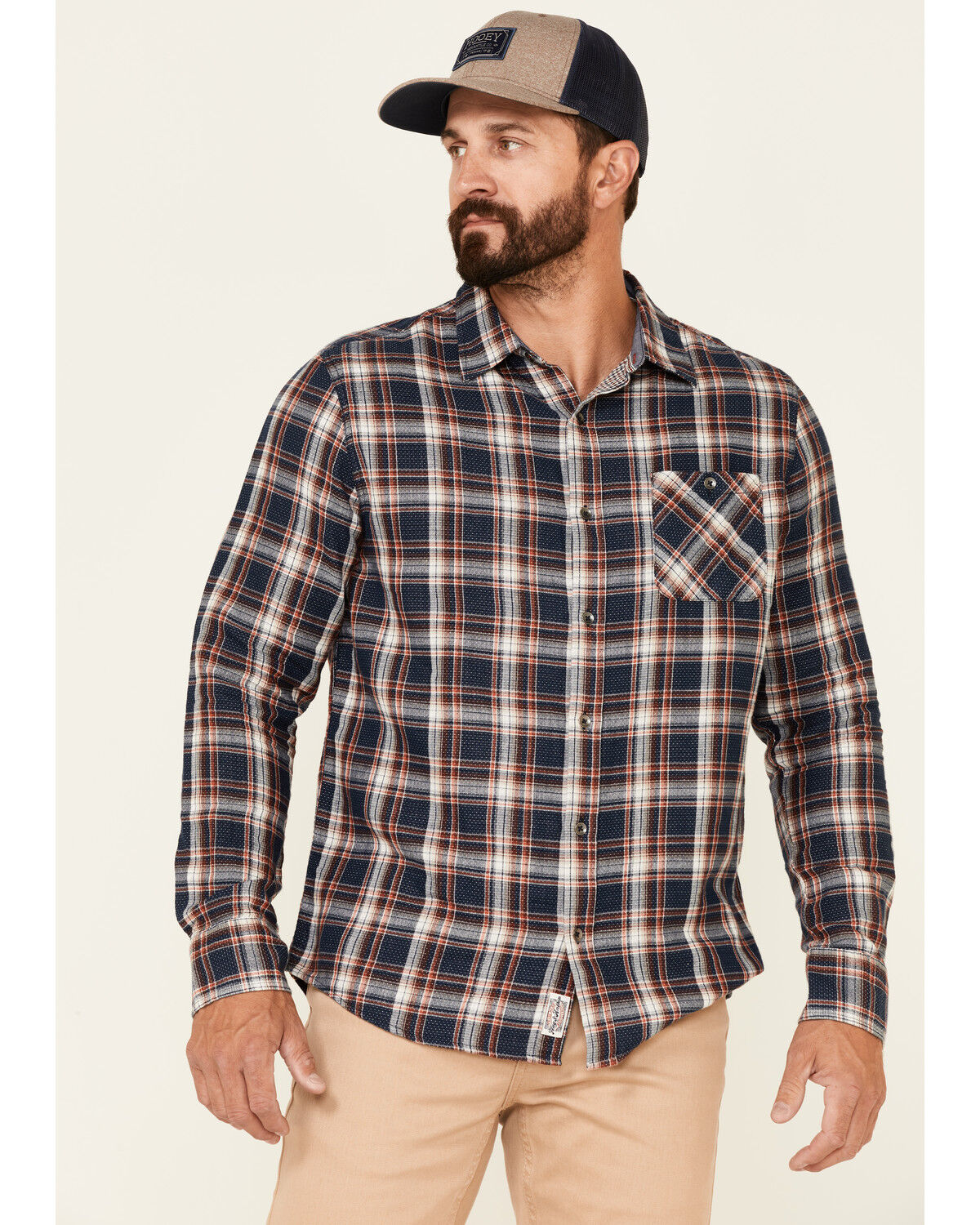 Image #1 - Flag & Anthem Men's Sarona Double Layer Dobby Plaid Long Sleeve Button Down Western Shirt, Navy, hi-res