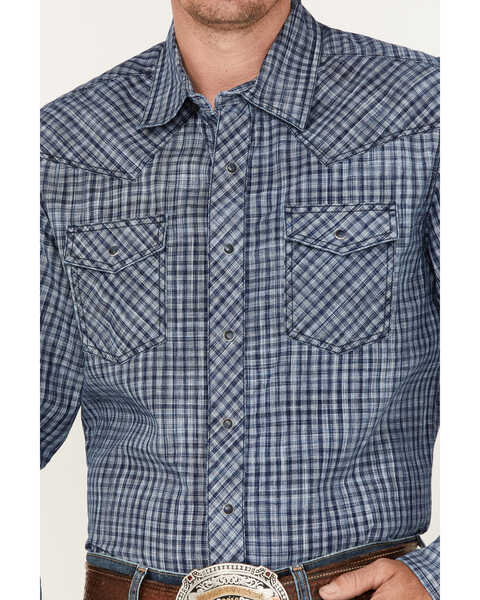 Image #3 - Wrangler Retro Premium Men's Check Plaid Print Long Sleeve Snap Western Shirt , Navy, hi-res