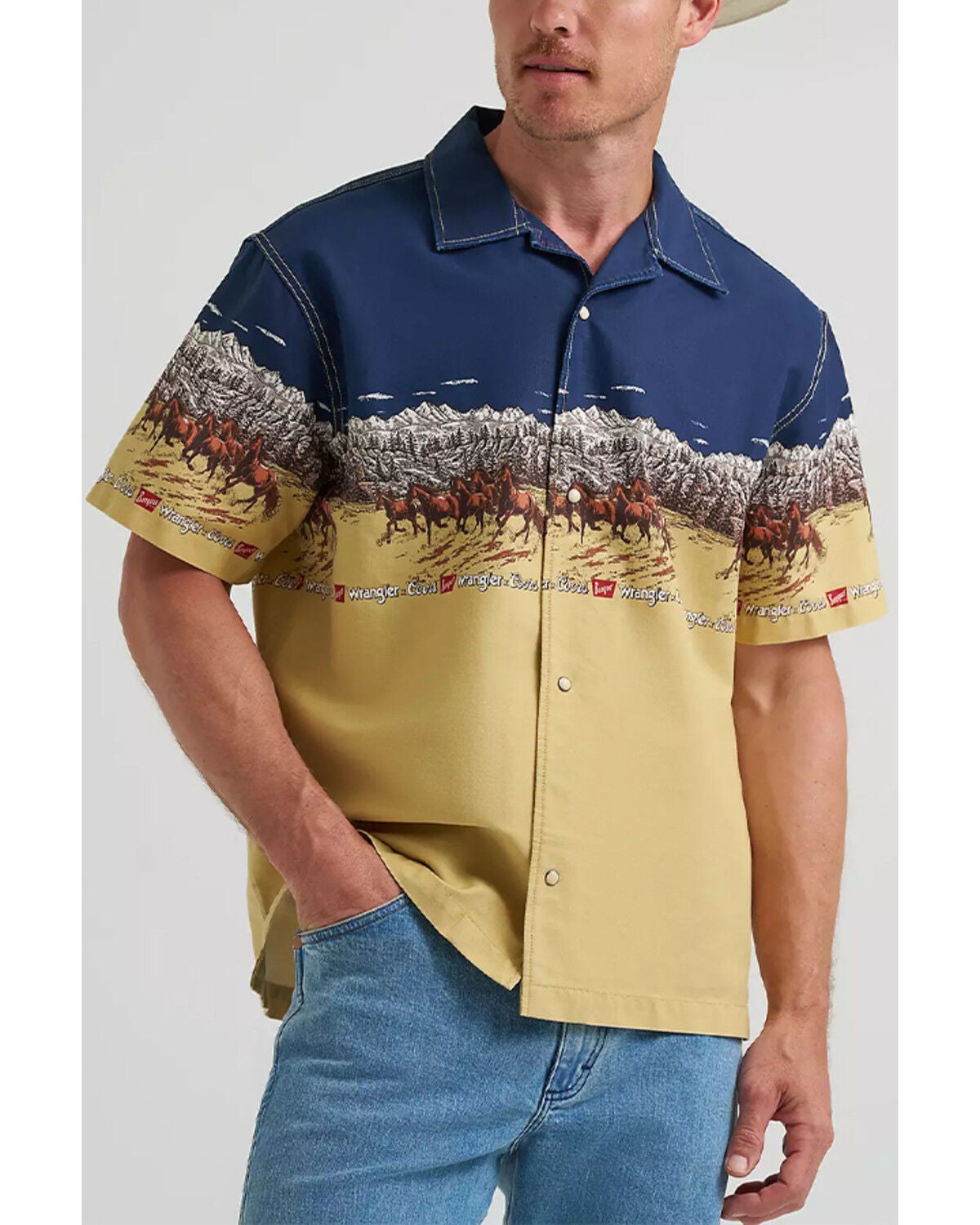 Image #1 - Wrangler X Coors Banquet Men's Border Print Resort Short Sleeve Snap Western Shirt, Tan, hi-res
