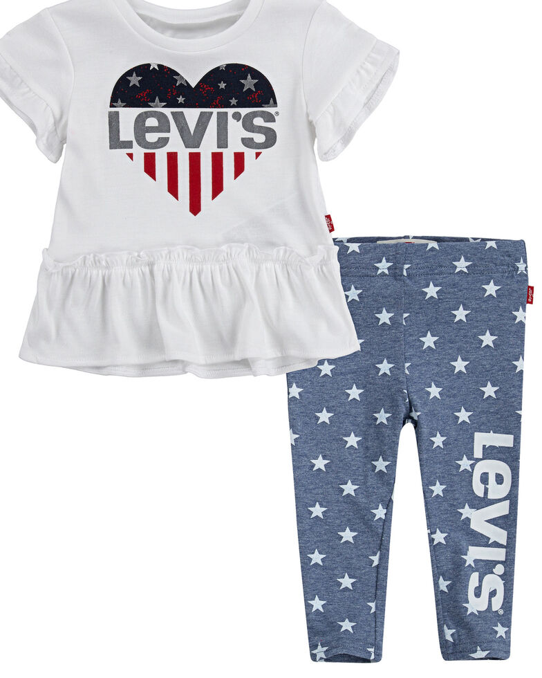 Levi's Infant Girls' White Logo Ruffle Short Sleeve Tee & Star Leggings Set, White, hi-res