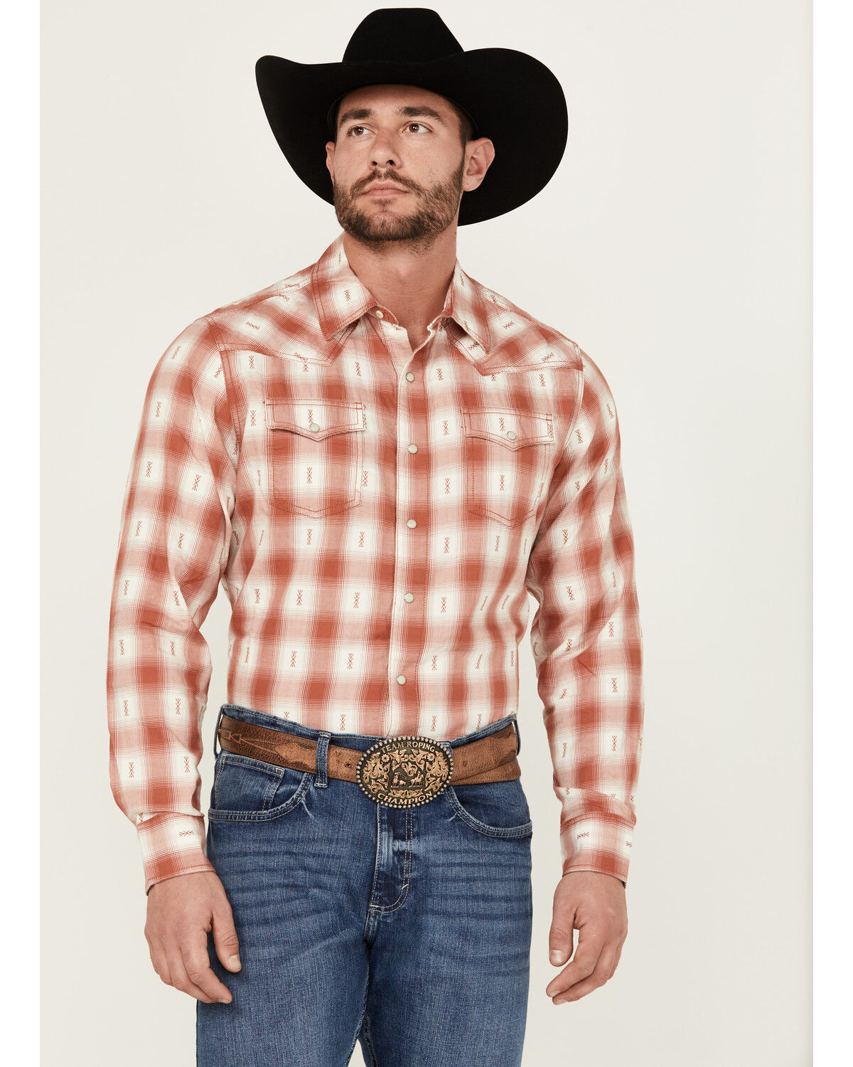 Image #1 - Wrangler Retro Men's Plaid Print Long Sleeve Snap Performance Western Shirt, Rust Copper, hi-res