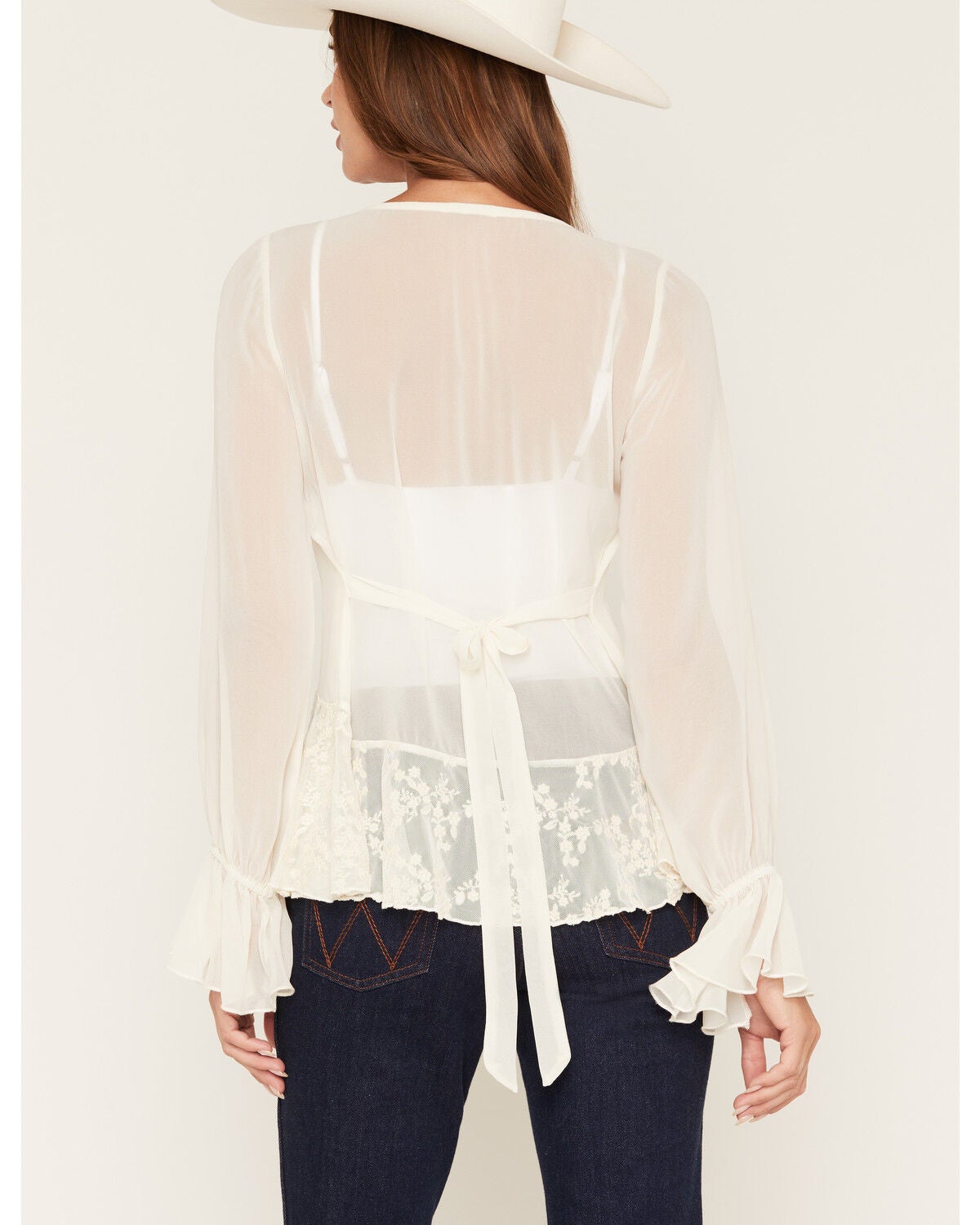 Image #4 - Wild Moss Women's Lace Sheer Long Sleeve Tie-Front Shirt, Ivory, hi-res