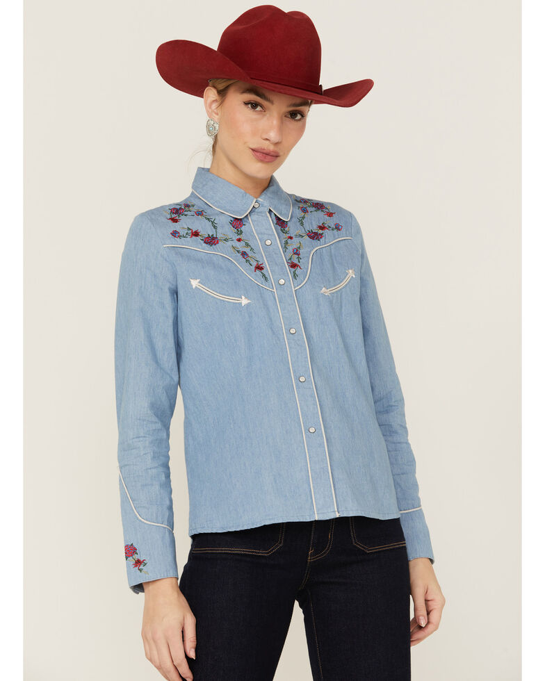 Scully Women's Chambray Floral Embroidered Yoke Snap Western Shirt, Blue, hi-res