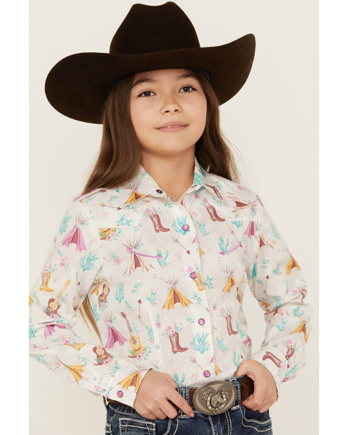 Image #2 - Cruel Girl Girls' Conversation Print Long Sleeve Pearl Snap Western Shirt, White, hi-res