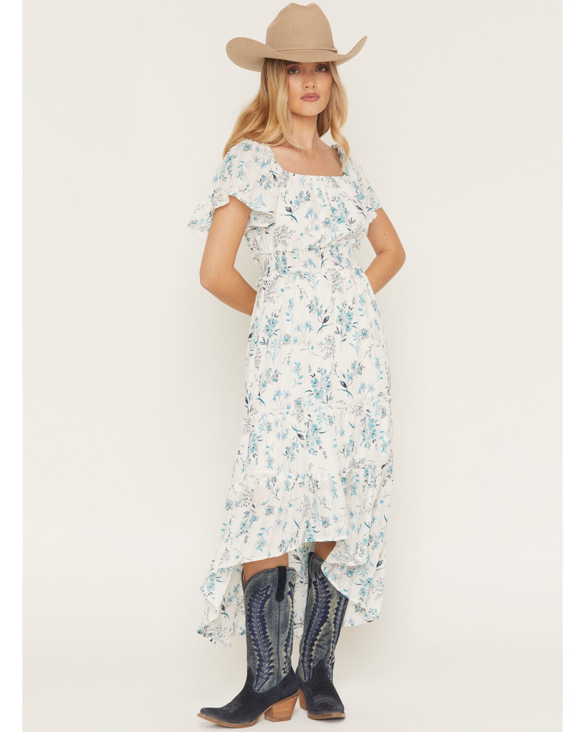 Image #1 - Wild Moss Women's Floral Print Short Sleeve High-Low Dress, Ivory, hi-res