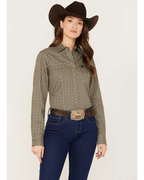 Cinch Women's Geo Print Long Sleeve Snap Western Shirt, Olive, hi-res