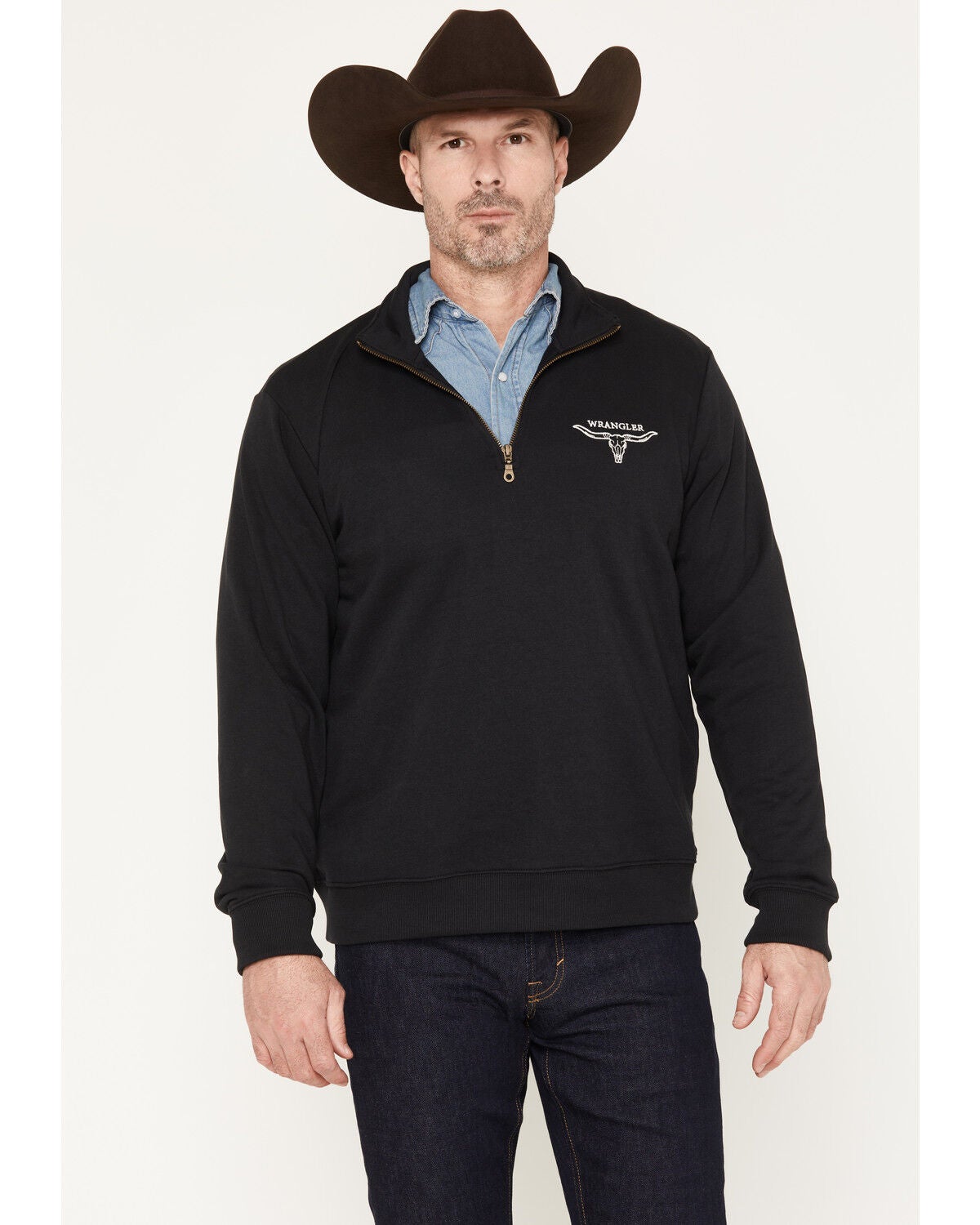 Image #1 - Wrangler Men's Solid Steer Head 1/4 Zip Pullover, Black, hi-res