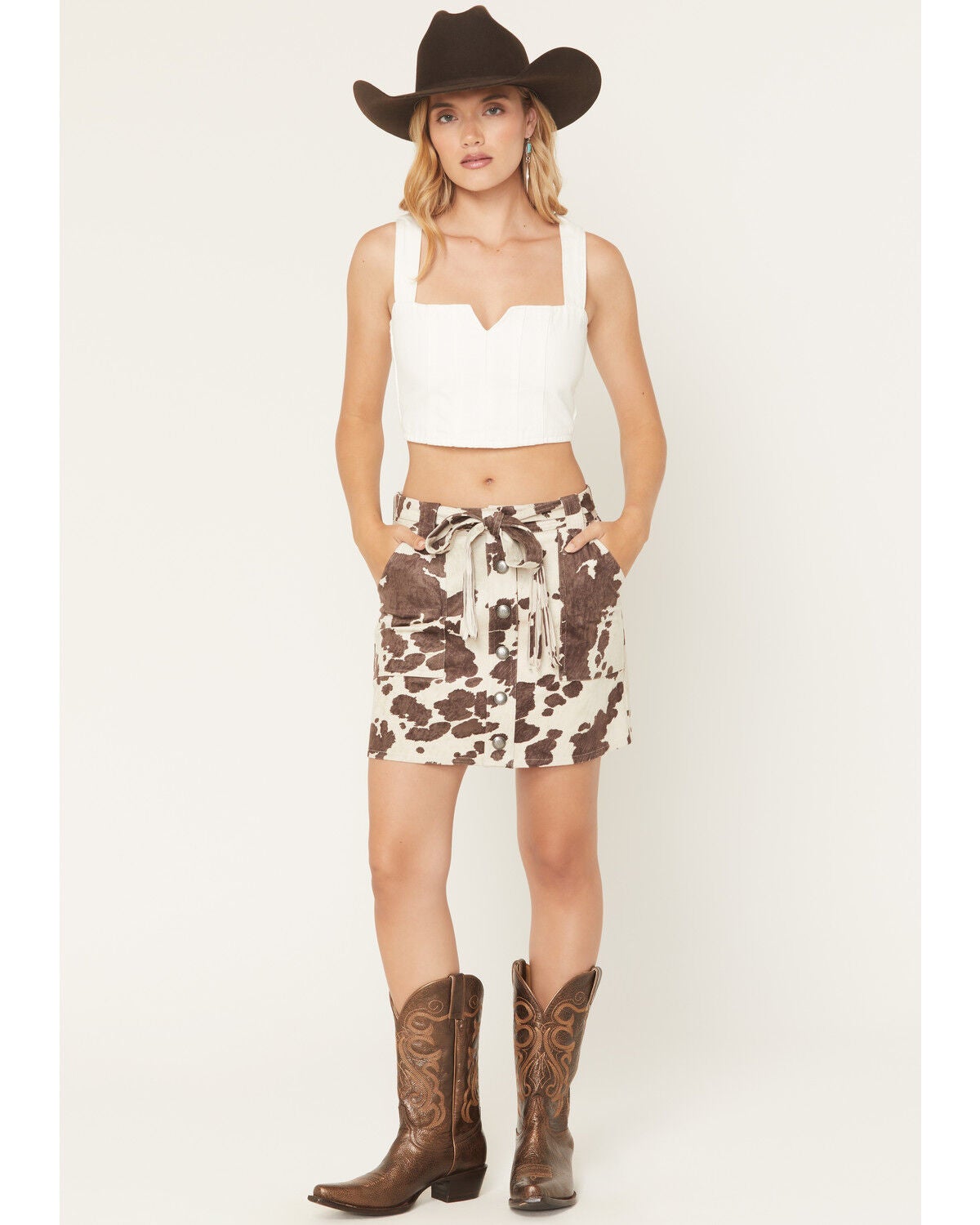 Image #1 - Shyanne Women's Sylvia Cow Print Faux Suede Belted Mini Skirt, Brown, hi-res