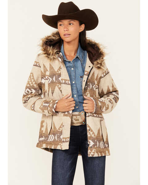 Outback Trading Co Women's Southwestern Print Fur Trim Myra Jacket , Brown, hi-res