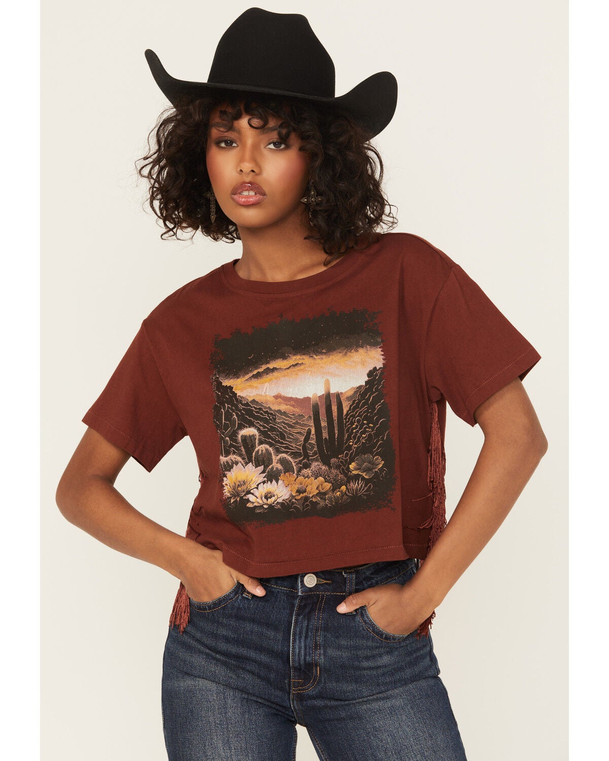 Shyanne Women's Fringe Scenic Short Sleeve Graphic Tee, Mahogany, hi-res