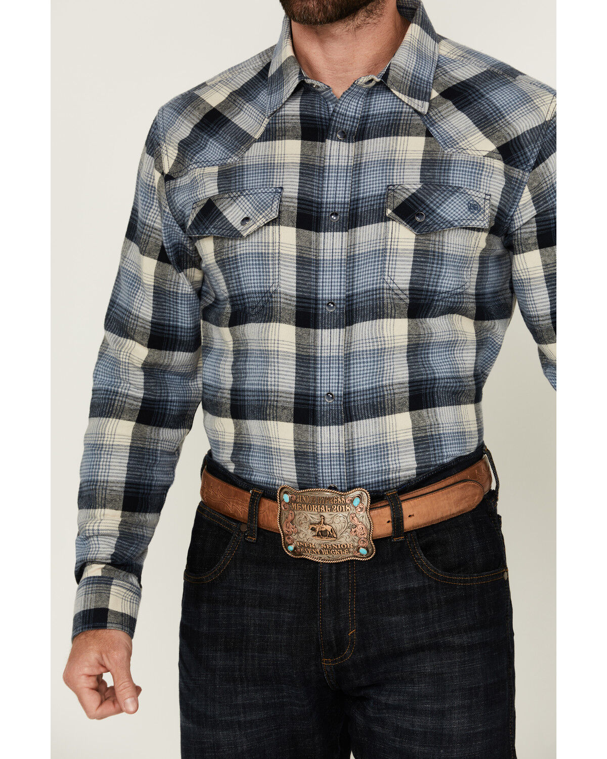 Image #3 - Blue Ranchwear Men's Finney Plaid Print Long Sleeve Snap Western Shirt, Indigo, hi-res