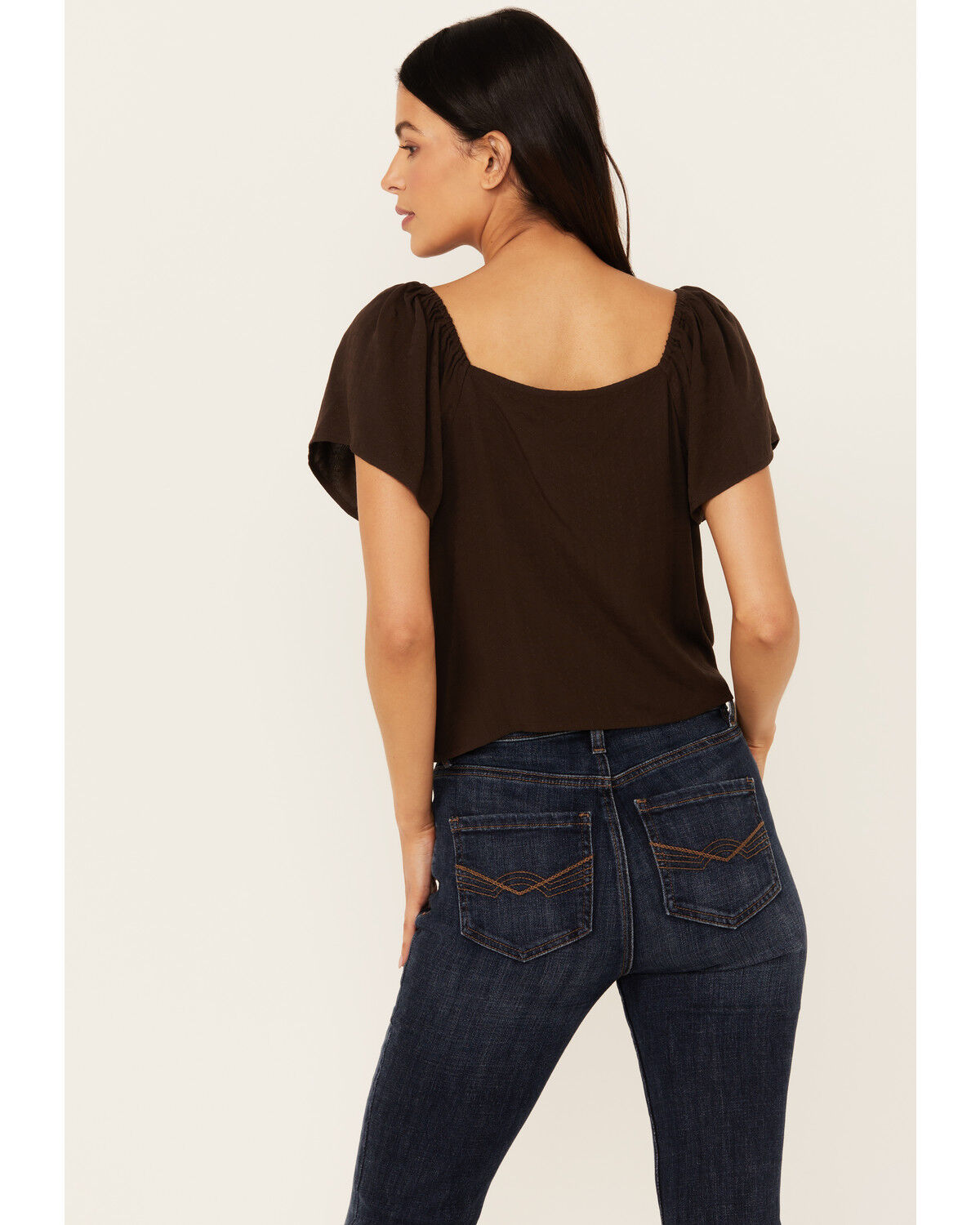 Image #4 - Idyllwind Women's Tern Flutter Sleeve Tie Front Top, Dark Brown, hi-res