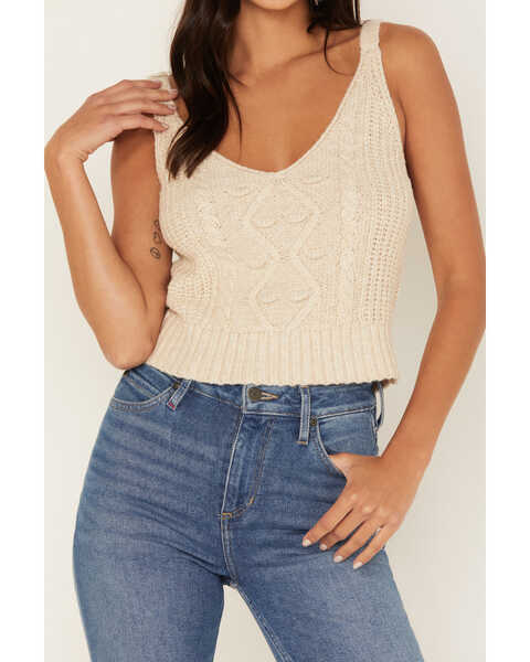 Image #3 - Cleo + Wolf Women's Cropped Cable Knit Sweater Cami Top, Ivory, hi-res