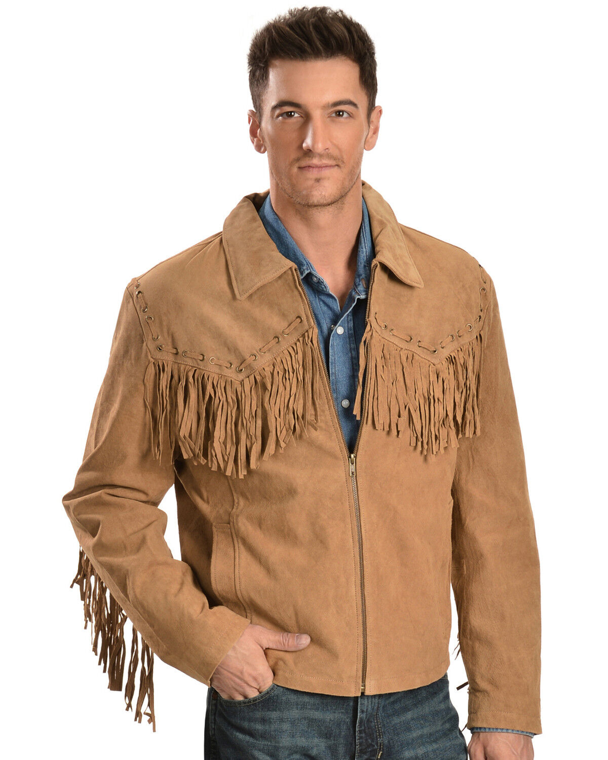 Image #2 - Scully Men's Fringed Suede Leather Short Jacket, Bourbon, hi-res