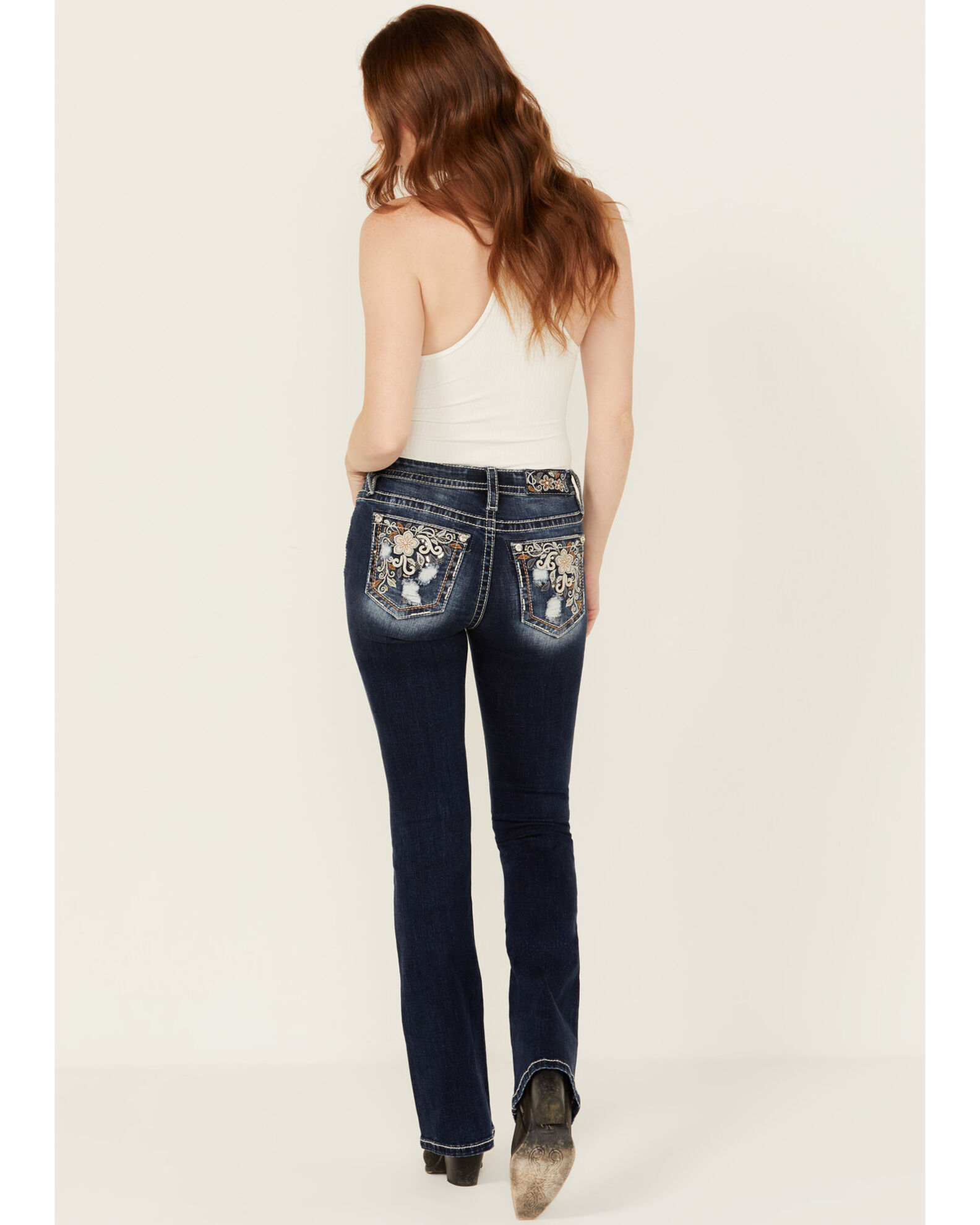 Miss Me Women s Dark Wash Mid Rise Floral Destructed Stretch Bootcut Jeans Country Outfitter