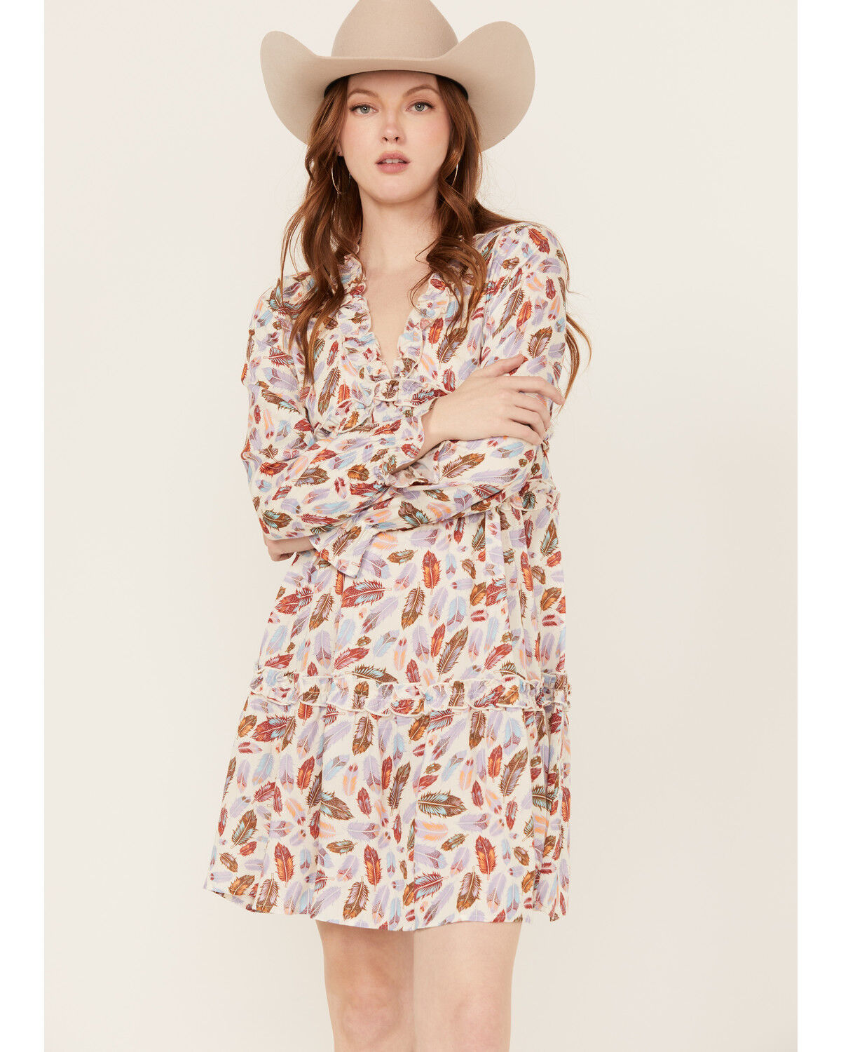 Image #1 - Roper Women's Feather Print Long Sleeve Mini Dress, Cream, hi-res
